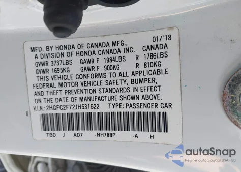 2018 Honda Civic Ex z USA, uszkodzony, nr VIN 2HGFC2F72JH531622